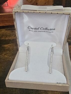 Silver Bar Drop Earrings with Clear Crystals